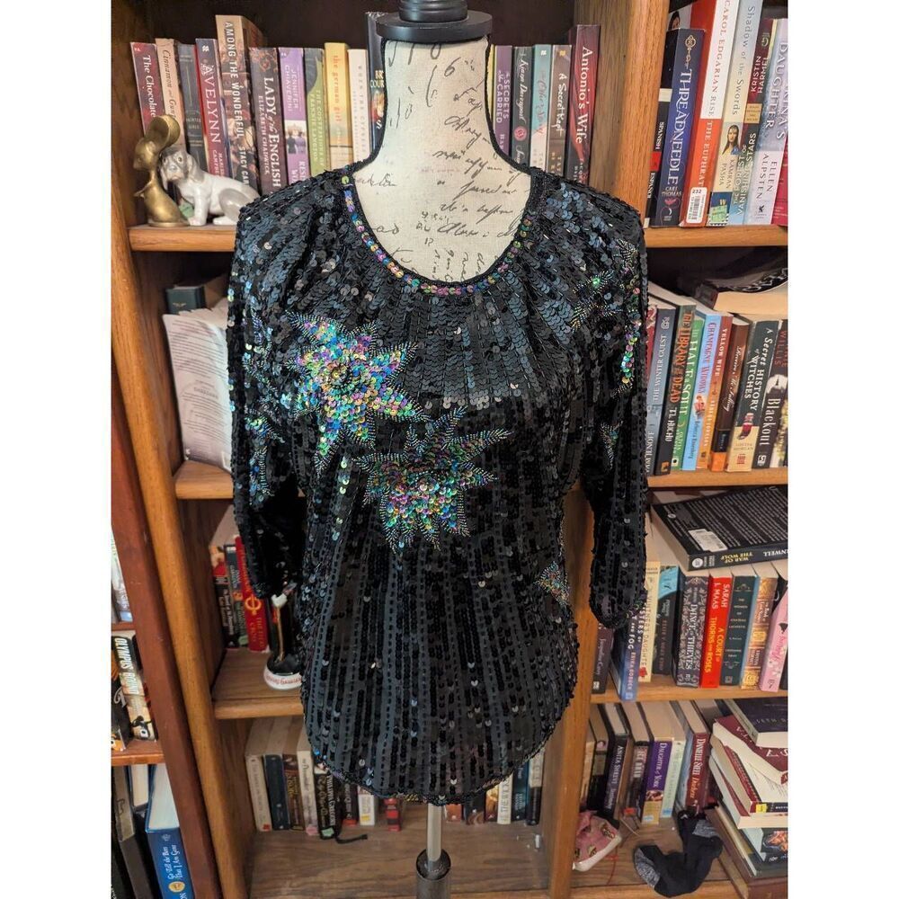 Vintage 80s 90s Silk Handbeaded Womens Size XL Sequin Blouse Top Shirt New Years
